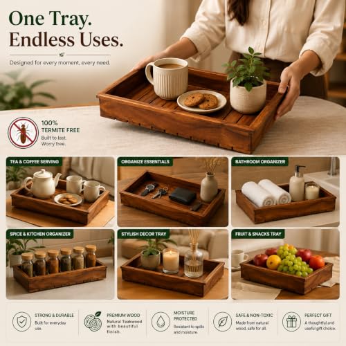Image of ZENOVIA Wood Rectangular Serving Tray - Kitchen, Office Table, Small Size | Crafted Naturally for Everyday Home Storage, Desk Organization, and Organizing mall Household Items