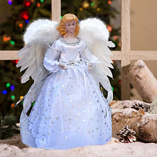 Christmas Angel Tree Topper With White Feather Wings,Christmas Tree Topper With Light For Tree Toppers Ornament Decoration(Silver) #TOP5