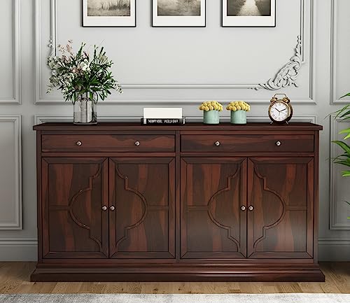 Image of SHIKHA WOOD CRAFT Solid Sheesham Wood Sideboard Cabinet with 2 Drawers and 4-Doors | Multipurpose Wooden Storage Organizer Furniture for Living Room, Kitchen, Crockery, and Bedroom (Walnut Finish)