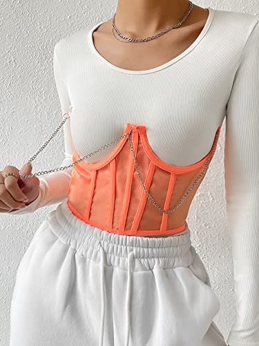 Moessa Women See Through Mesh Lace Up Bustier Corset Metal Chain Boned Overbust Waist Cincher Wide Belt 8970-Orange-M #TOP4