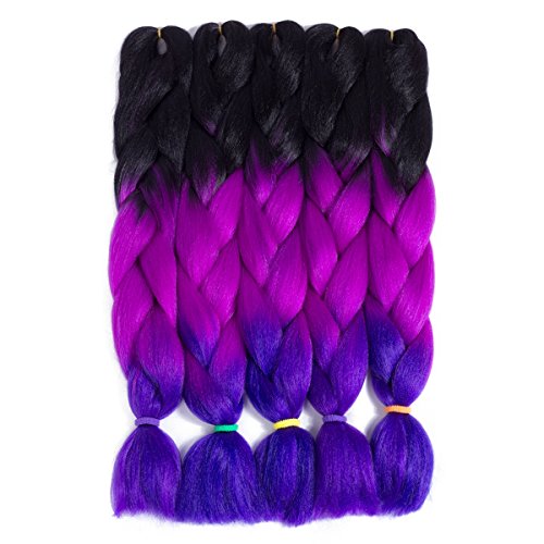 5 Pieces 24'' Jumbo Braid Black Purple Blue Color 3 Tone Ombre Afro Jumbo Braiding Hair Extensions High Temperature Synthetic Fiber Crochet Braiding Hair for African Americans 49#