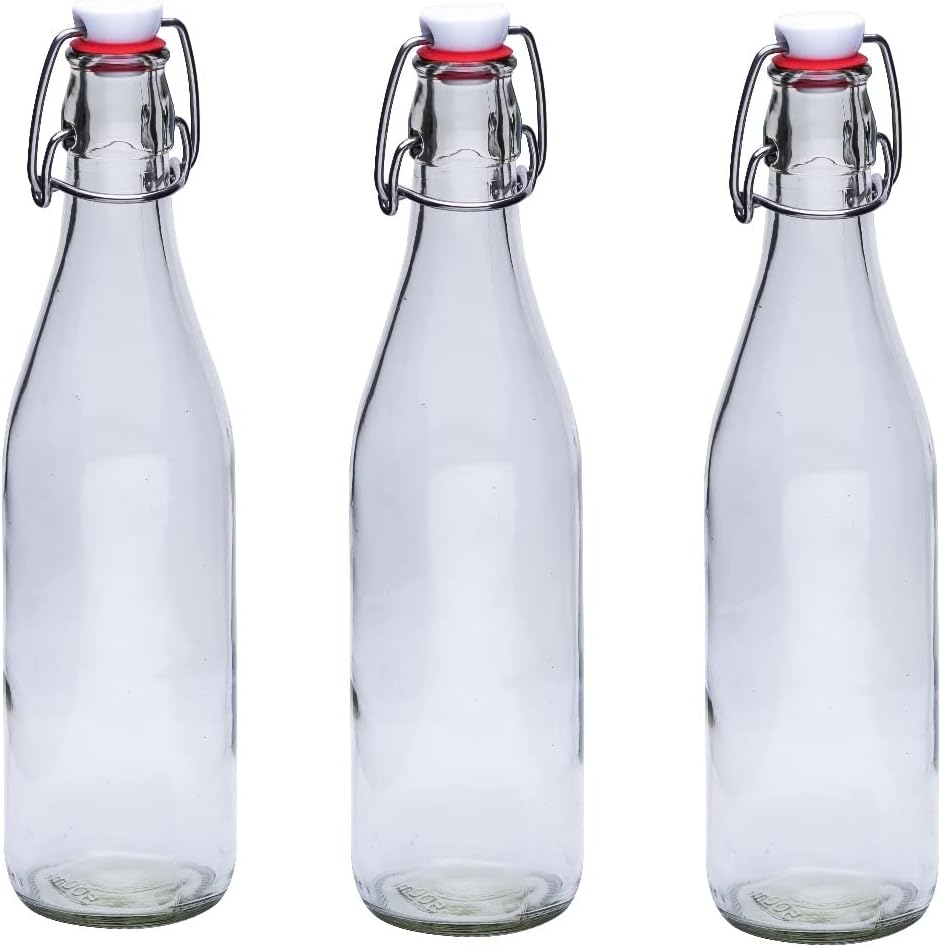 SAND DUNE Set of 3, 1000 ml Each D5 Flint Glass clip top cap water bottle with flip top cap, Leak-Proof for water, Juices - Reusable Travel Glass Drinking Fridge Bottles