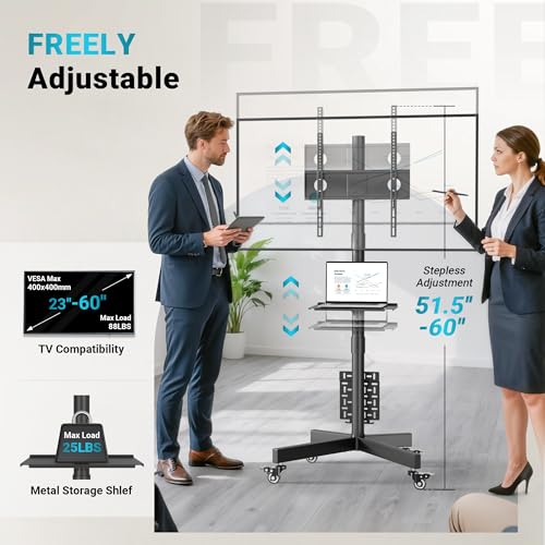 BONTEC TV Ständer Rollbar für 23-60 Zoll LED LCD OLED, Max. VESA 400x400mm, bis 40 kg, Höhenverstellbarer Fernsehständer mit Rollen und Lochplatte, Medienablage, Kabelmanagement, Schwarz
