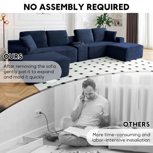 Image of 125 Inch Modular Sectional Sofa, Modern Oversized Corduroy Cloud Couch with 2 Ottomans, Cup Holders and USB Ports, U Shape Couch Boneless Couches for Living Room, No Assembly Required, Blue