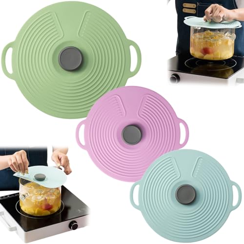 3 coperchi in silicone per pentole e padelle, 32 cm, 23 cm, 23 cm, 22 cm, 20 cm, per uso alimentare, con manico, riutilizzabili, con chiusura a ventosa