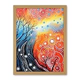 Artery8 Contemporary Aboriginal Artwork in Blue and Orange Vibrant Abstract Forest Trees and Stars Artwork Framed Wall Art Print 18X24 Inch