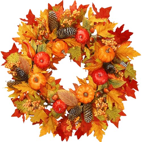 Sggvecsy Fall Wreath 22’’ Artificial Autumn Front Door Wreath wit...