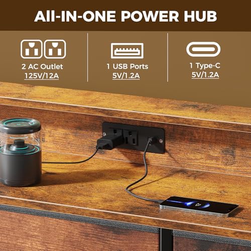 Image of NEWBULIG Wooden Top Media Console for 32-52 inch Dresser TV Stand with 9 Fabric Drawers & Open Shelves, Entertainment Center with LED Lights & Charging Station for Bedroom, Rustic Brown