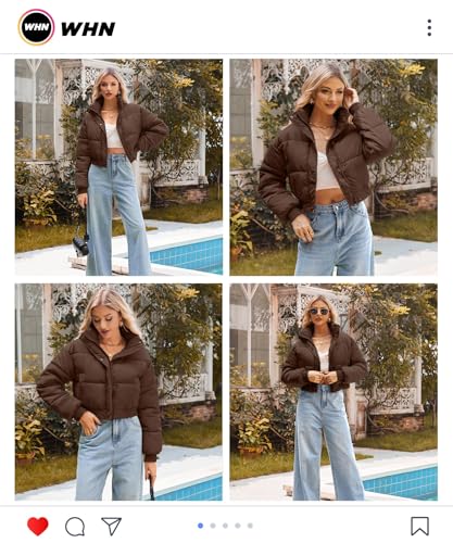 WHN Women’s Cropped Jacket Puffer Lightweight Quilted Jackets Long Sleeve Stand Collar Zipper Winter Outerwear Coat4