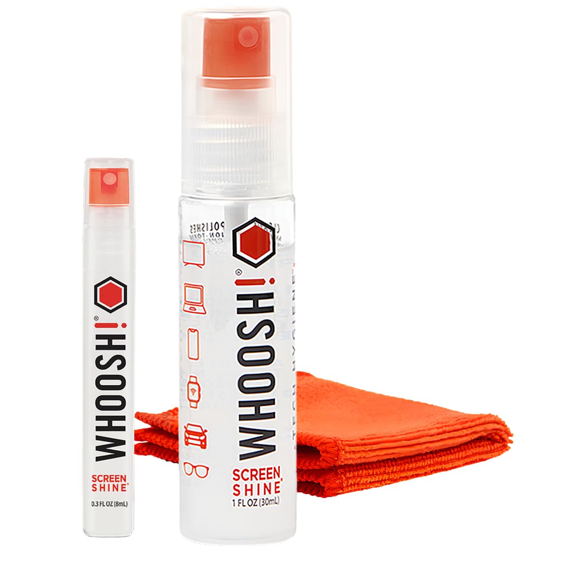 WHOOSH! Screen Cleaner Spray und Tücher - 100 und 8 ml + 2 Mikrofasertücher - Duo mit Flaschen in Standard- und Reisegröße für TV, Auto, Computer, Laptop, MacBook, iPad, Handy, Kamera, Brille, Uhr | Duo mit Flaschen in Standard- und Reisegröße für TV, Aut