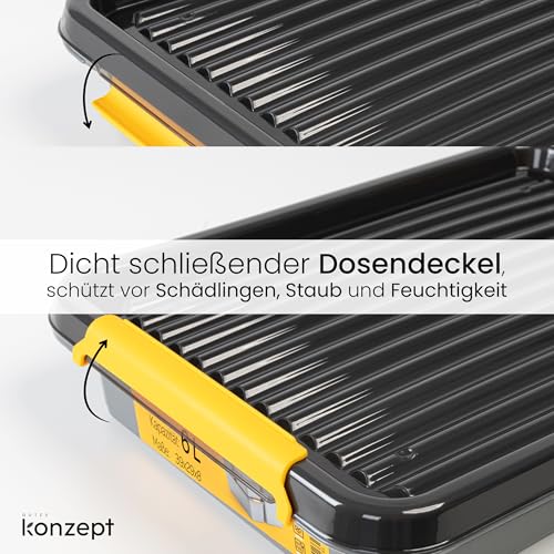 KONZEPT Aufbewahrungsbox mit Deckel 55 L – inkl. beschriftbaren Etiketten, aus hochwertigem Kunststoff, stapelbar und stabilen Verschlussclips, ideal für Keller, Werkstatt, Garage