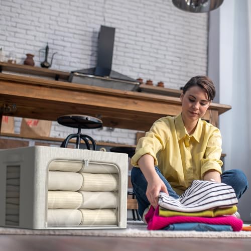 Image of FHSQX 2 Pack Clear Window Storage Bins - Large Stackable Linen Fabric Storage for Clothes Foldable Container Organizer Set with Carrying Handles (Lvory White, 16.5x 12.2x 12.2Inch)