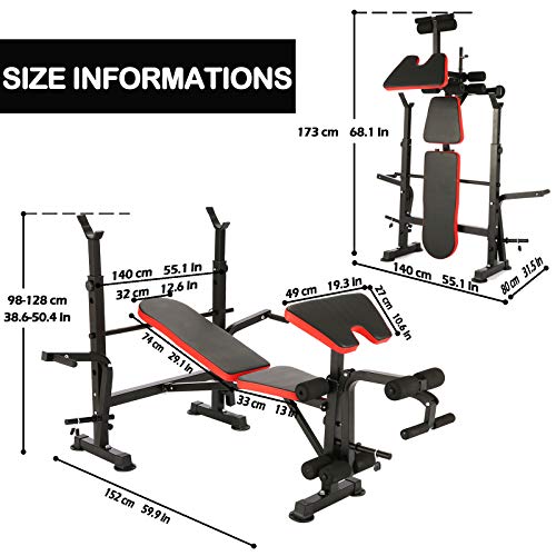 elifine Folding Adjustable Olympic Weight Bench Power Tower Workout Dip Station with Preacher Curl Leg Developer Multi-Functional Weight Bench Set for Indoor Gym Home Fitness Exercise (Black Red)