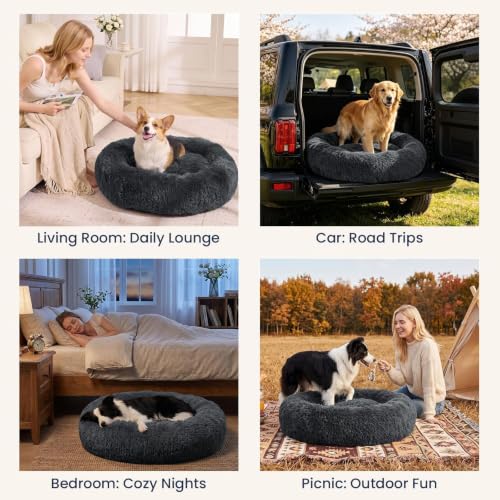 Image of JOLLYVOGUE Calming Washable Dog Beds Large Sized Dog, 36Inch Donut Large Dog Bed with Removable Cover, Anti-Slip Round Fluffy Faux Fur Bed, Fits up to 80 lbs Pets, Dark Grey