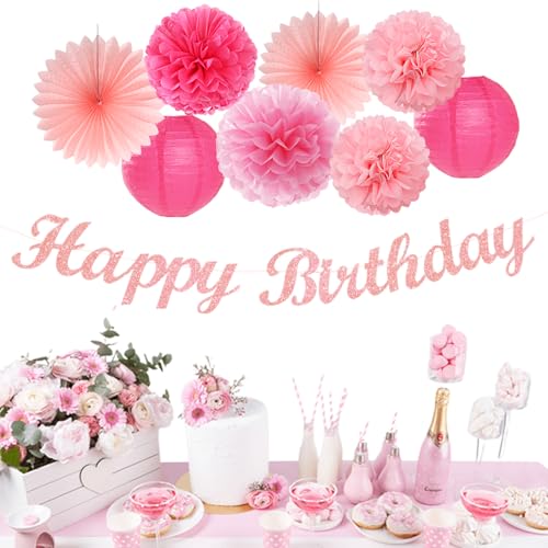 Image of Hot Pink Birthday Party-Decorations Paper-Flowers - 14pcs Happy Banner Girl Lanterns Tissue Pom Poms,Women Streamers Garland Fans,21st 18th Princess Baby Sweet 16 Pretty Hanging Supplies Decor Hugfond