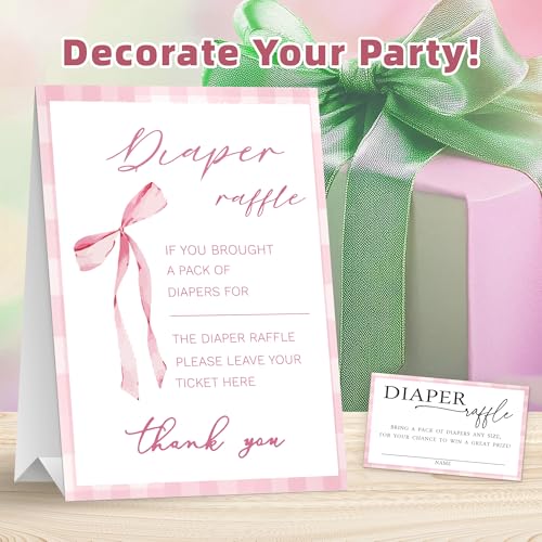 Image of Diaper Raffle Set For Baby Shower - Pink bow - 1 Standing Sign & 50 Diaper Raffle Tickets, Gender Reveal, Baby Announcement Party Decorations & Supplies - A15