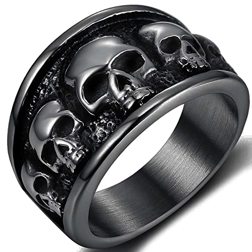 Retro Vintage Stainless Steel Gothic Death Skull Skeleton Cocktail Party Biker Statement Halloween Ring (Black 12)