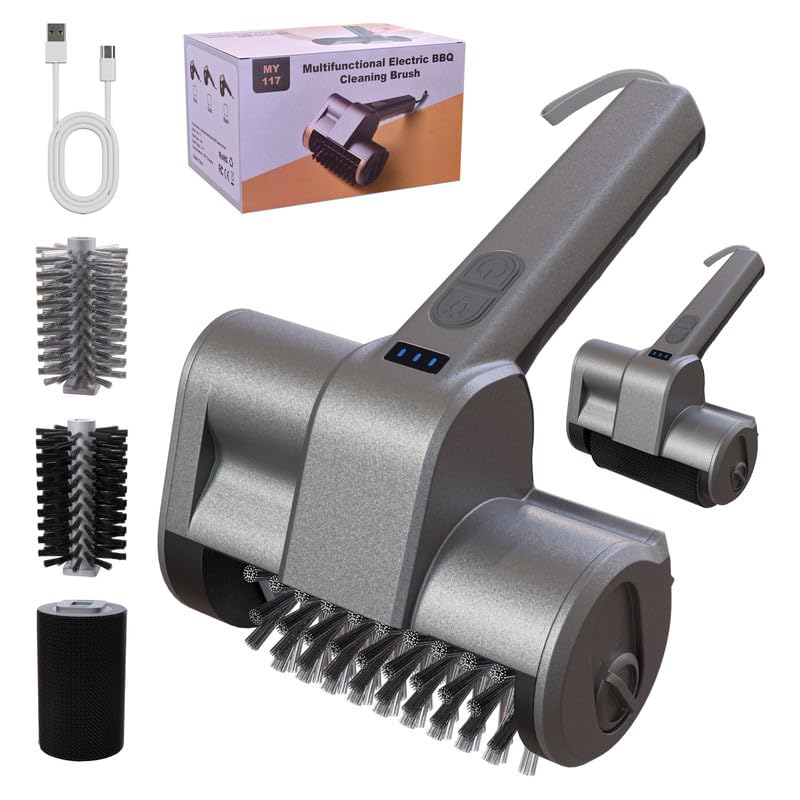 Image of Electric Grill Brush Rechargeable Grill Cleaner with 3 Heads 2 Speed 2000 RPM Torque 80KG BBQ Cleaning Brush with Safety Lock Submersible 304 SS Head Splash-Proof Scrubbe IPX7 Waterproof Silvery Black