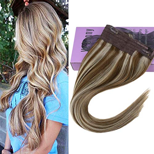VeSunny 14" Halo Extensions Real Human Hair Color #6 Medium Brown Mixed #60 Platinum Blonde Halo Extensions for Women 11" Width 80G/Set