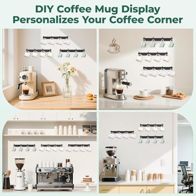 EsLuker.ly Mug Holder Rack Coffee Cup Hanger Wall Mount, Metal Wall Cup Shelf Organizer Stand with 12 Hooks, Fits Most Mugs Display for Home Kitchen, Easy to Install, Set of 3, Black