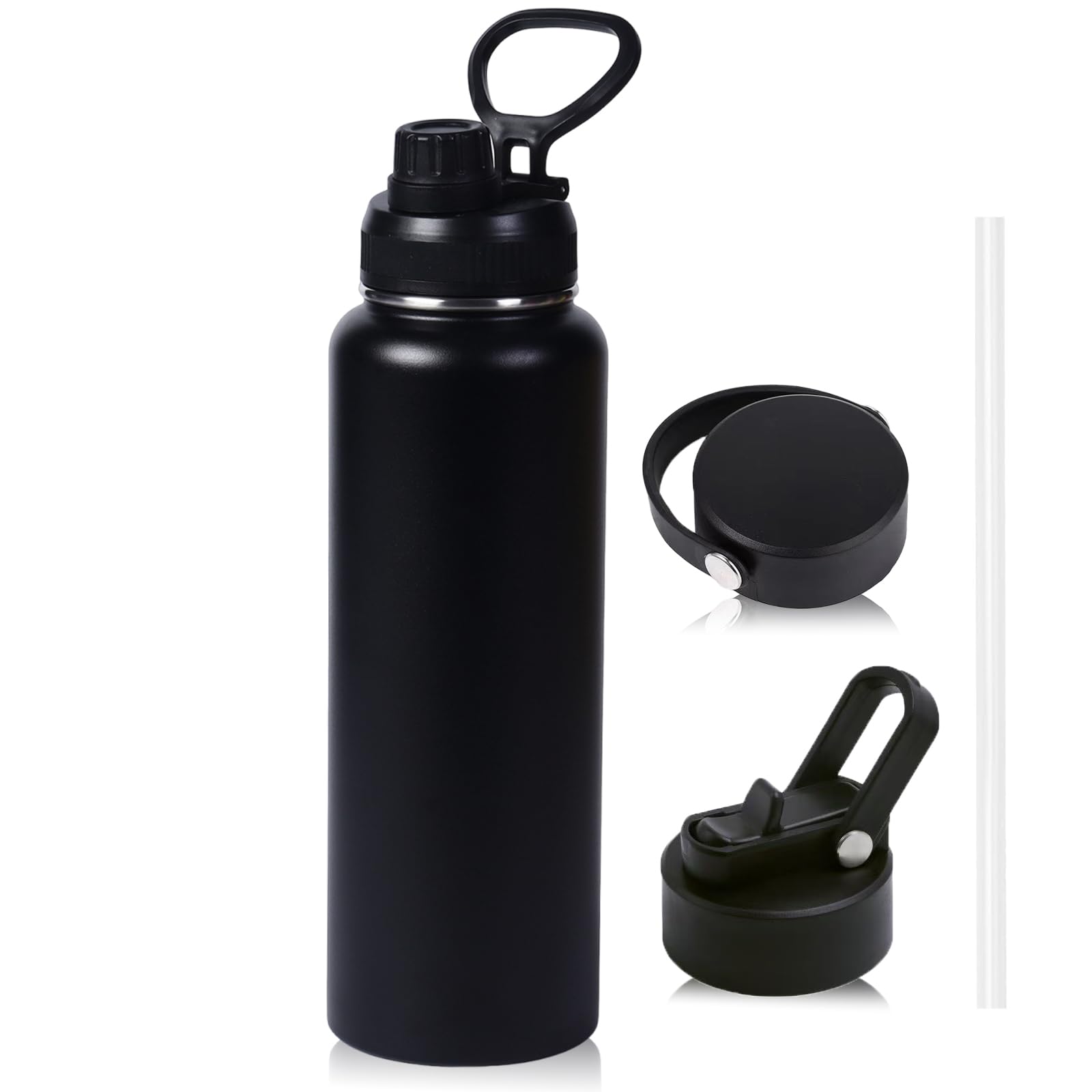 Insulated Water Bottle, 650ml Stainless Steel Water Bottle with 3 Lids (Straw Lid & Spout Lid & Flat Lid), Double-Walled Vacuum Bottles Leakproof Drink Flask for Travel Sports Gym Hiking (Black)