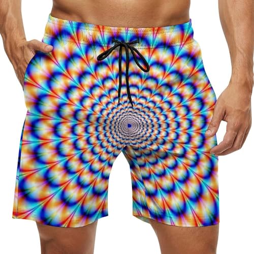 Mens Psychedelic Swim Trunks Quick Dry Beachwear Sports Board Shorts with Mesh Lining