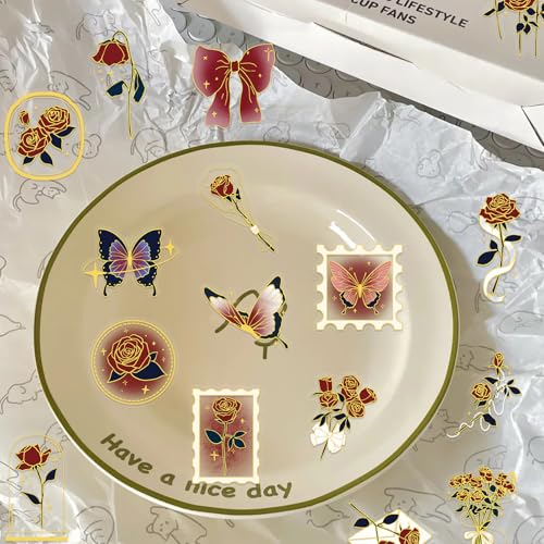 Image of Transparent Flora Scrapbook Stickers Aesthetic Flowers Stickers(Gs) | Gold Stamp Transparent & Waterproof Sticker for Scrapbook Journal Water Bottle Kindle, DIY Crafts, Party Supplies