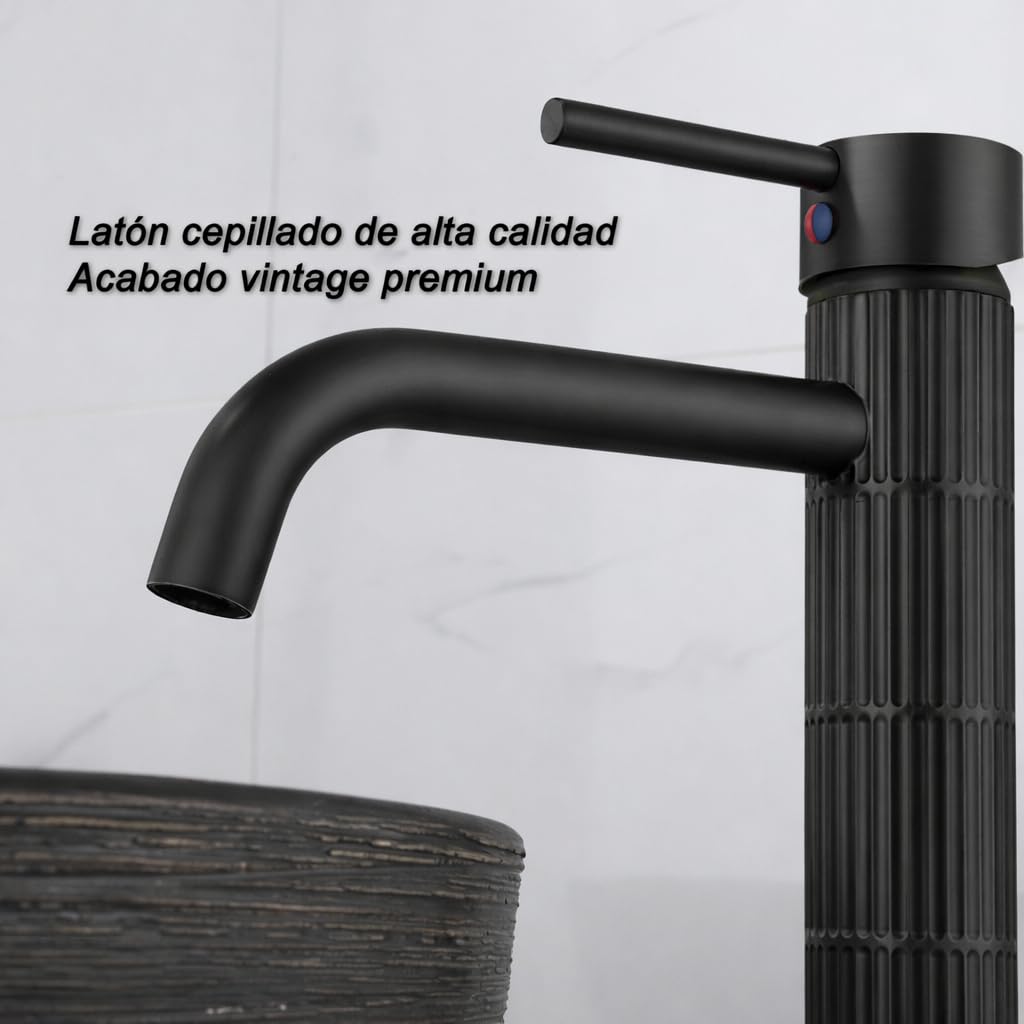 Grifo de lavabo alto monomando con cuerpo de latón, mezclador para lavabo sobre encimera, acabado negro mate, cartucho cerámico duradero (Negro mate, Alto) - 5