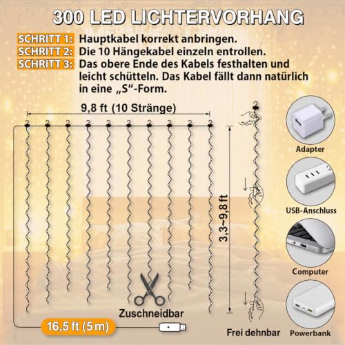 HXWEIYE 300LED Lichtervorhang 3mx3m USB, Fernbedienung, 8 Modi & Timer – Ansicht 5