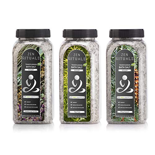Zen Rituals Epsom Bath Salts Set Transylvanian Epsom Bath Salt with Organic Essential Oils Medicinal Herbs, Tea Tree and Pine Forest, Bundle Pack 3 Bottles