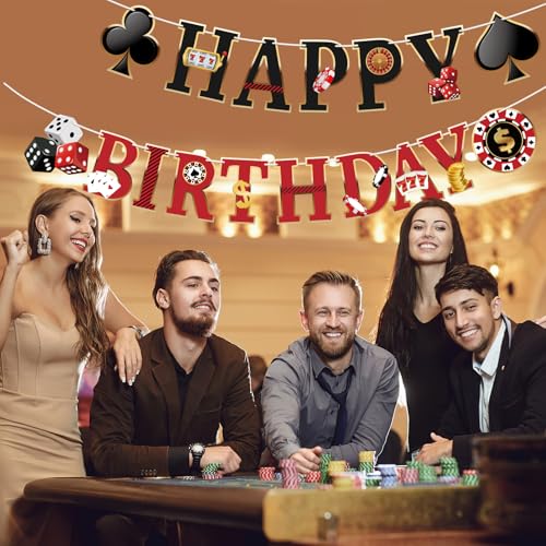 Image of Casino Happy Birthday Banner Casino Theme Party Decorations Poker Game Party Banners Garland for Las Vegas Night Poker Game Party Supplies