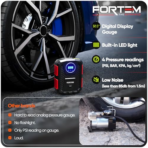 Image of FORTEM THE EXTRA MILE Digital Tire Inflator for Car W /Pressure Gauge - Portable Air Compressor - Electric Auto Pump | Easy to Store - Auto Shut Off - 12V DC - 3 Attachments Bonus Carrying Case