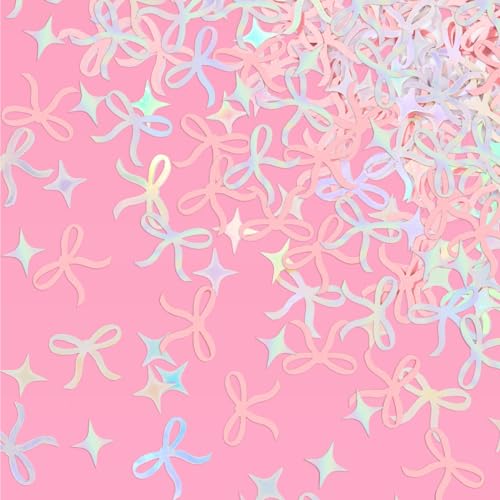 Image of xo, Fetti Bow Confetti - 200 pc | Bachelorette Party Pink and Iridescent, Engagement Party Decoration, Tying the Knot Table Decor, Bride To Be Coquette Ribbon Bridal Shower Supplies
