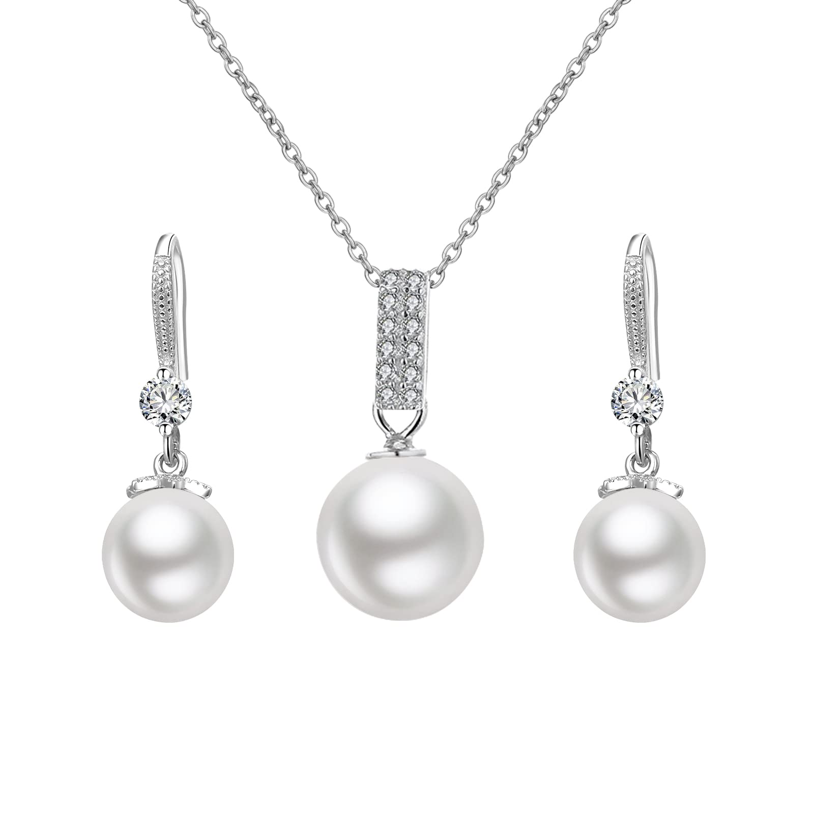Parure Bijoux Femme Mariage, 925 Argent Bijoux Collier Perles Boucle d'Oreille Perle Mariée Soirée Accesoire Pendentif Cadeau de Noël Anniversaire