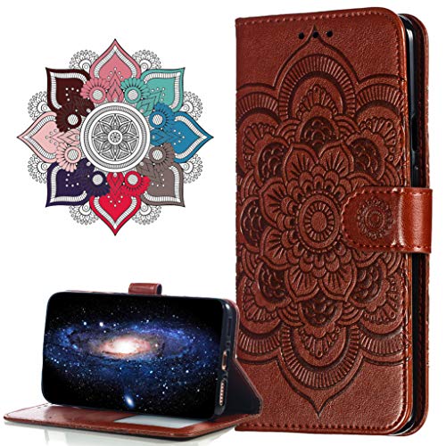 MRSTER Funda para Huawei Y6 2018, Estampado Mandala Libro de Cuero Billetera Carcasa, PU Leather Flip Folio Case Compatible con Huawei Y6 2018 / Honor 7A. LD Mandala Brown