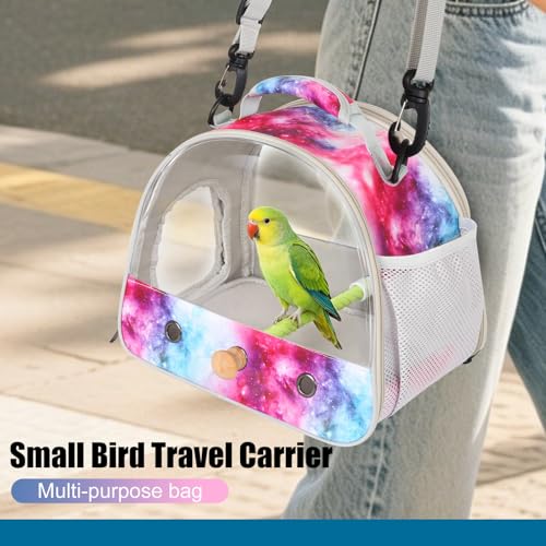 Image of Small Bird Travel Carrier Cage Bag for Parakeet, Budgies, Cockatiel, Conure, with Clear Windows, Galaxy Print