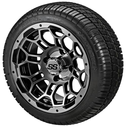 RM Cart 12 Hercules Black/Machined on 215/35R12 Deli Radial Tires (Set of 4) | Golf Cart Tires and Wheels Combo with Standard Lug Nuts