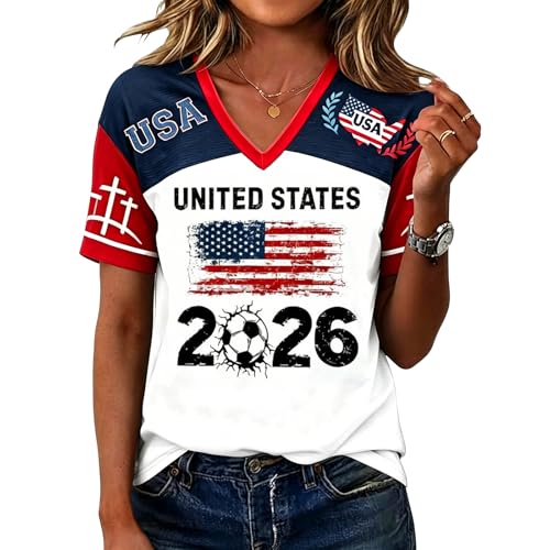 Soccer Cup 2026 Shirt for Women 4th of July Shirt USA World Soccer Flag Stars and Stripes Printed Short Sleeve Shirts #02eWhite Small