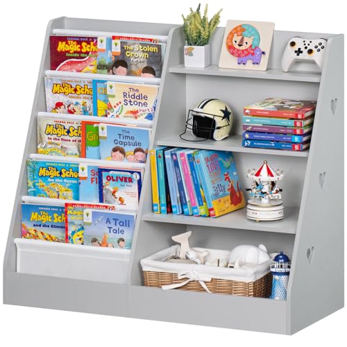 Image of Lerliuo 4 Tier Kids Bookshelf and Storage Organizer, Five Layer Sling Children Bookcase, Baby Toddler Wooden Book Shelf, Display Cabinet for Playroom, Bedroom, Classroom, Nursery, School (Grey)