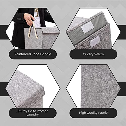FB FunkyBuys Laundry Basket Folding Bin Bag Hamper With Lid Fabric Baskets Dirty Washing Clothes Storage For Bedroom, Bathroom, Laundry Room (Grey)