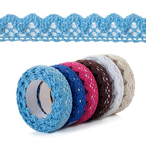 Lot de 6 Rouleaux de Ruban en Dentelle Vintage Multicolore - Décoration autocollante Vintage - Ruban décoratif en Dentelle - Ruban décoratif - Ruban en Tissu - Bleu, Vert, Rouge, Marron, Beige, Blanc