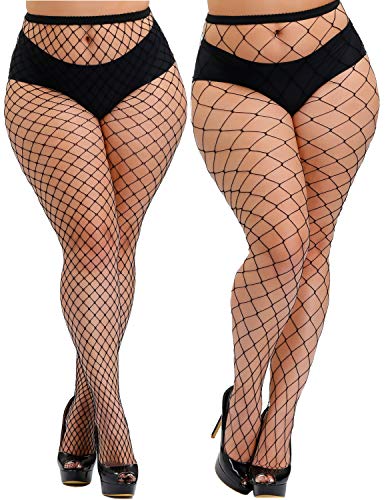 HZH Womens High Waist Tights Fishnet Stockings Plus Size Thigh High Pantyhose(Large+B/M Gride,2 Pairs)