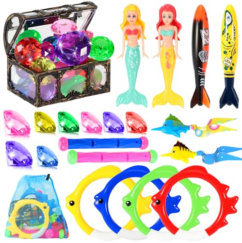 VGOFUN Diving Pool Toys for Kids Ages 3-12, Swimming Pool Toys Water Sinking Toys with Diving Gem Pirate Treasure Chest, Mermaid Toys, Dive Rings Sticks Torpedo Storage Bag for Summer Party Favor