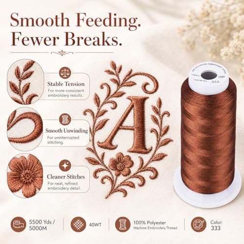 Image of Simthread 5500Yds Embroidery Thread, 5000M High-Yardage 40WT 100% Polyester Thread - 170+ Vivid Colors, High-Speed Rated - Compatible with Brother, Singer, Janome & More - Amber Red 333 | 5000M 40WT polyester thread feeds smoothly for machine embroidery, monograms, logos, patches and quilting.