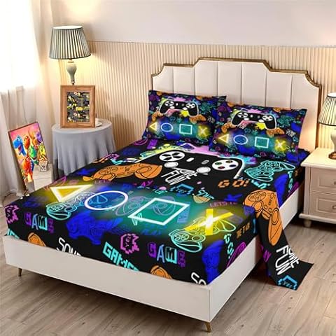 Gaming Printed Sheet Set - 4PCS Gaming Bed Set Full Size Gamepad Print Bed Sheet Gamer Sheet Set Gamer Controller Bed Sheet Set for Game Room Decor,1 Fitted Sheet +1 Flat Sheet+2 Pillowcases Cover