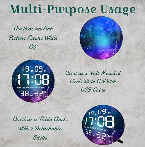 Image of Amazon Brand - Umi Acrylic Digital Wall Clock for Bedroom Living Room Stylish LED USB Tabletop 3D Picture Clocks with Time Day Date Month Temperature Display for Home Office 24.3x24.3cm (Stary Night)