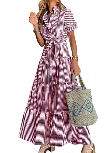 Image of Women Summer Striped Maxi Long Button Down Short Sleeve Tie Waist Tiered Casual Dress