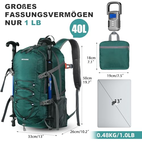BECOJADDE Wanderrucksack Herren Damen 40L Ultraleichter Faltbarer Rucksack Wasserdichter Reiserucksack Trekkingrucksack mit Nassfach für Wandern, Reisen, Radfahren und Klettern, Grün