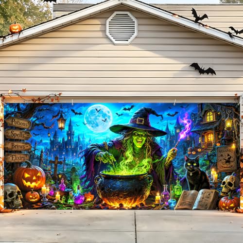 Image of Halloween Garage Door Decorations 6 x 13 ft, Witch Cauldron Cover