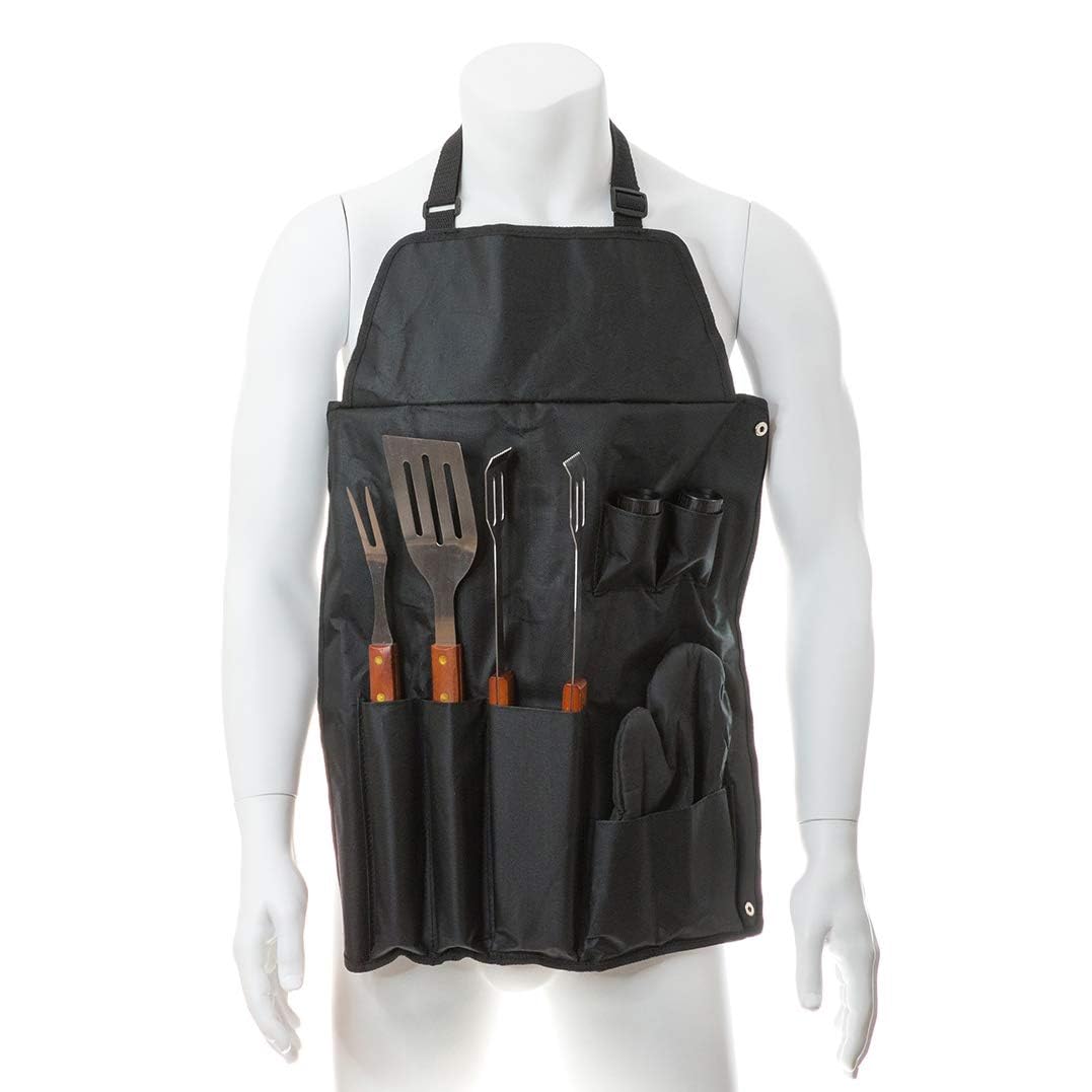Set Barbecue Professionnel 7 Ustensiles Acier Inoxydable Kit Accessoires Grille Gant Matelassé Noir